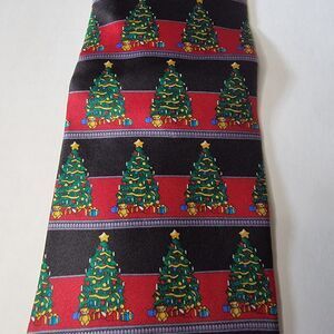 Christmas Tie (no brand) Christmas Trees Black & Red Stripes Imported 100% Silk
